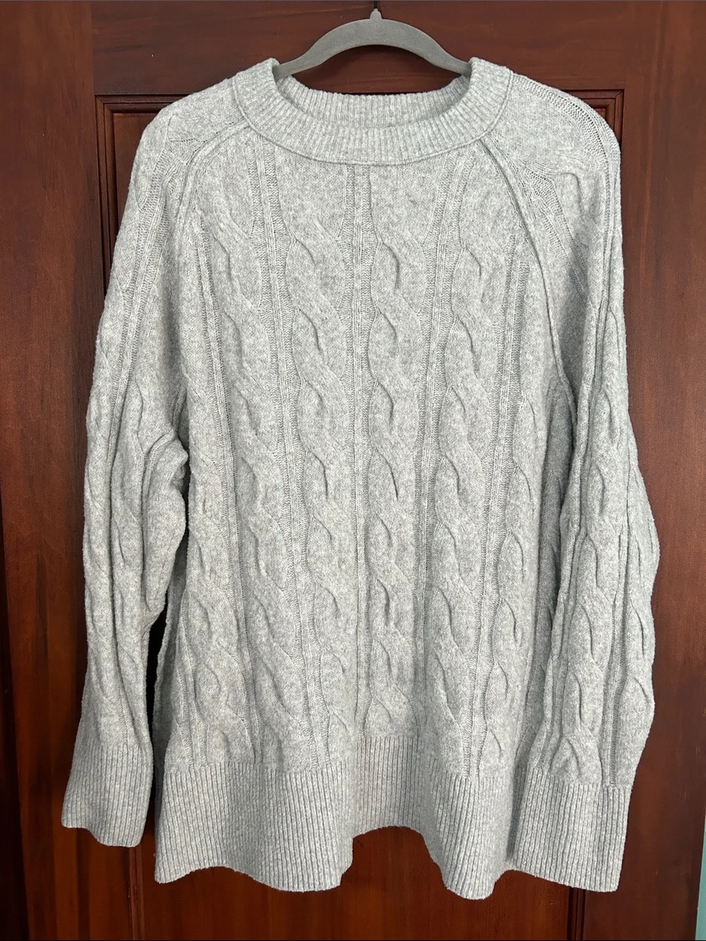 aerie Light Gray Cable-Knit Crewneck Sweater